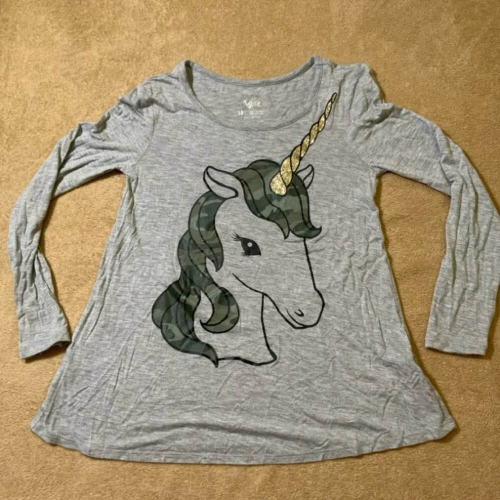 Justice Girls 10 Heather Gray Camo Glitter‎ Unicorn Long Sleeve Round Neck Top